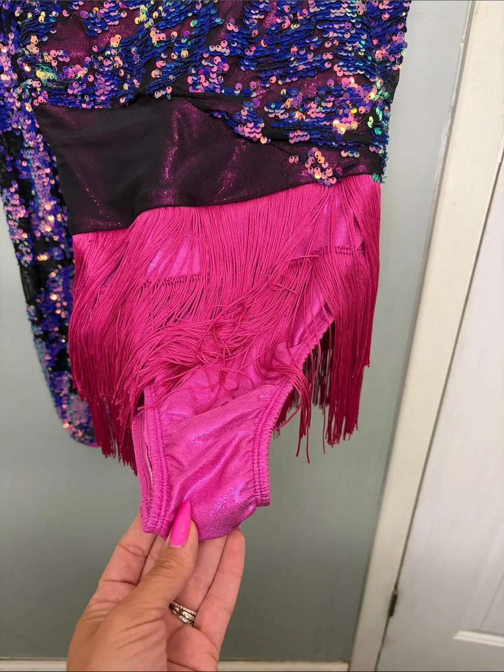 Weissman Girls Sequined One-Shoulder Dance Costume in Pink and Purple